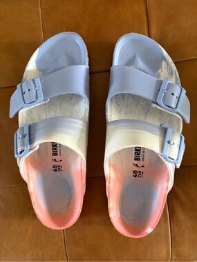Birkenstock Two-Buckle Sandals in White, Light Blue and Pink Gradient